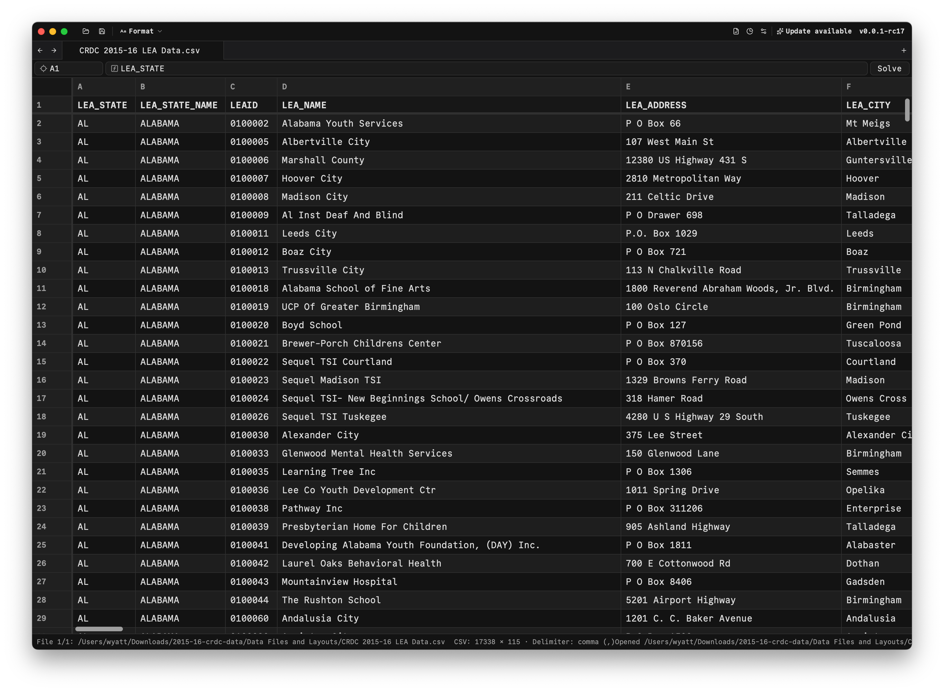 Cassava showing a CSV file in a native spreadsheet interface, dark mode